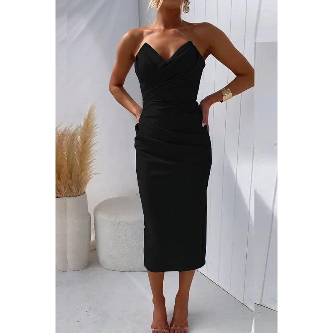 Women's Strapless Midi Cocktail Dress in Black, front view