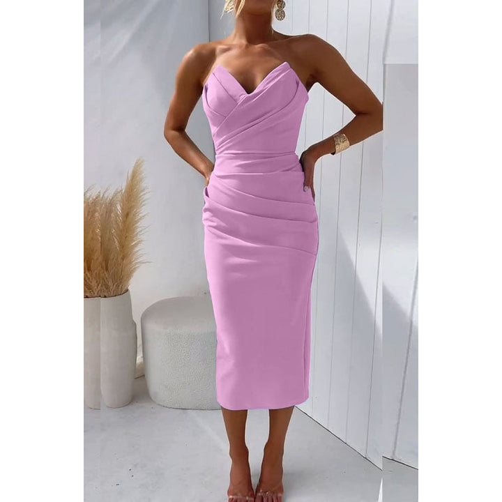 Women's Strapless Midi Cocktail Dress in Pink, front view