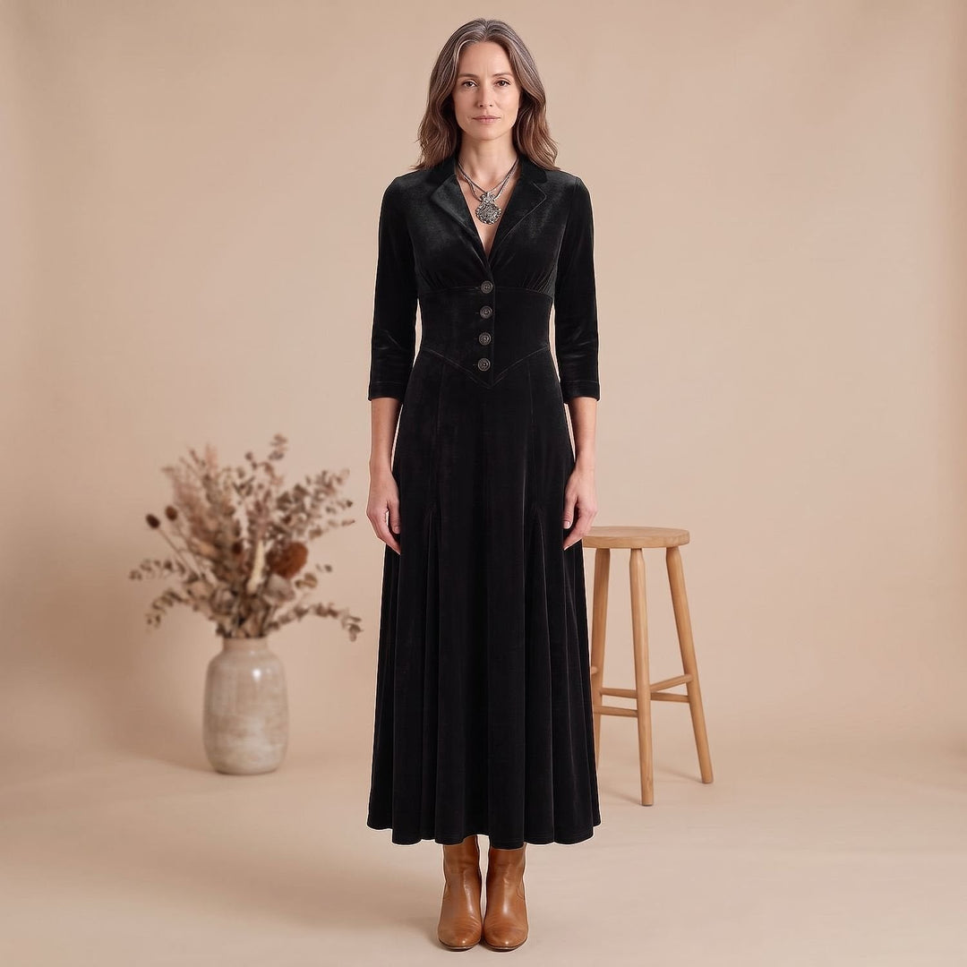 Women's Velvet Blazer Dress in Black, front view