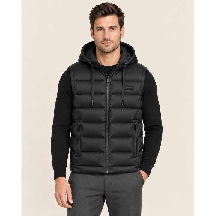 Men's Hooded Puffer Vest in Black, front view