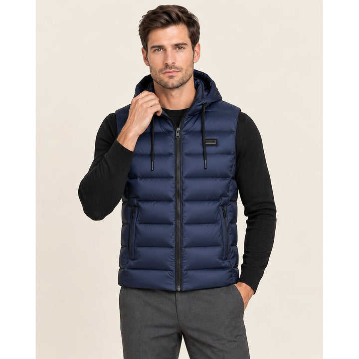 Men's Hooded Puffer Vest in Blue, front view