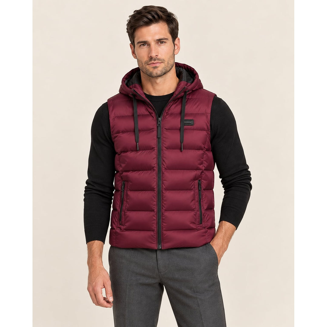 Men's Hooded Puffer Vest in Red, front view