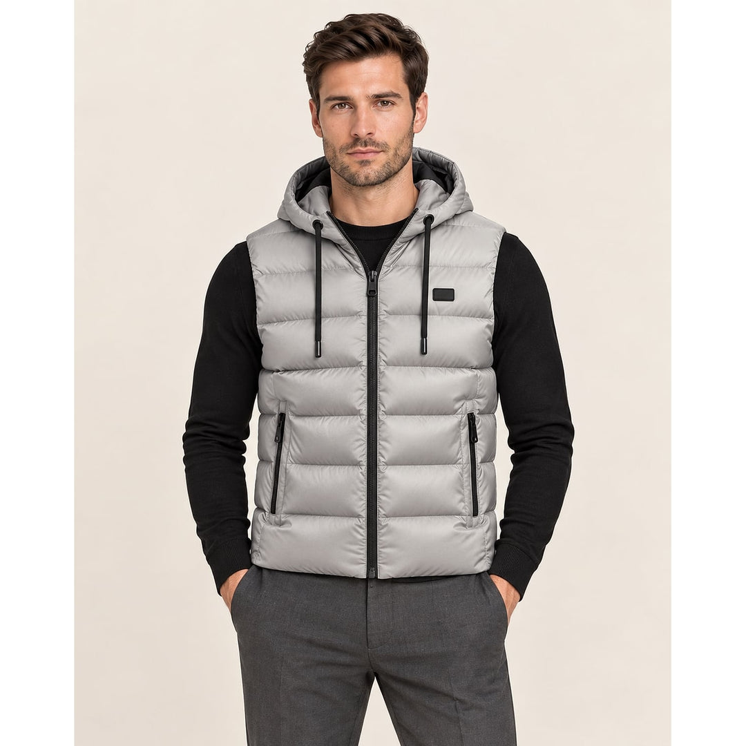 Men's Hooded Puffer Vest in Gray, front view