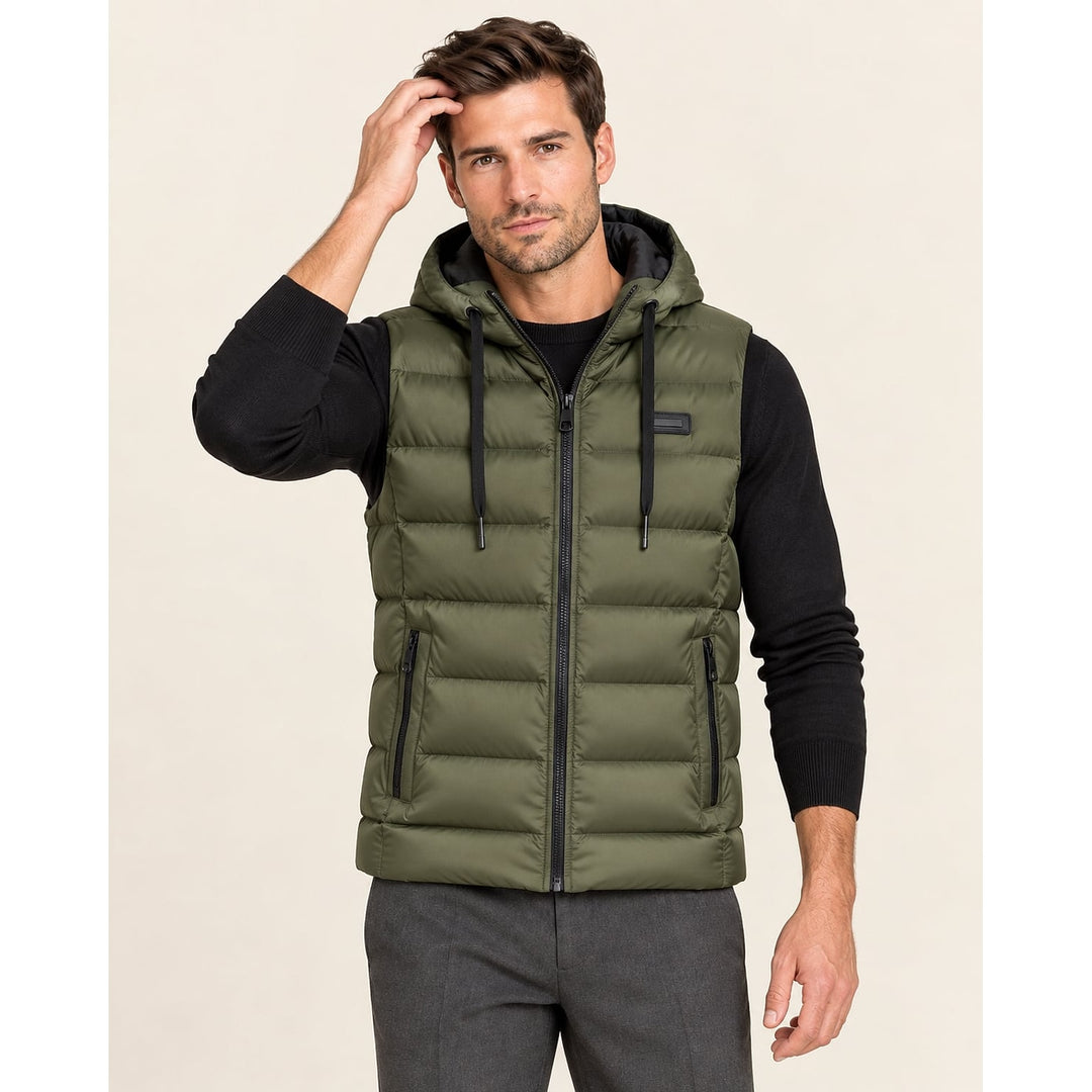 Men's Hooded Puffer Vest in Green, front view