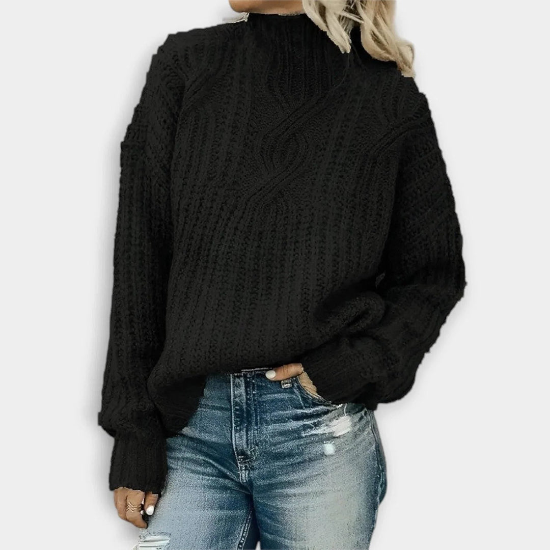 Women's Ribbed High Neck Sweater in Black, front view