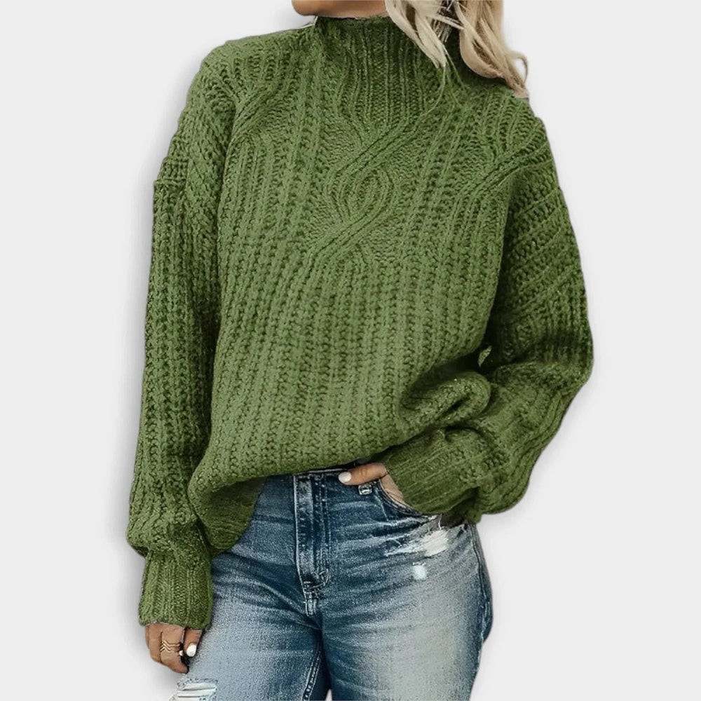 Women's Ribbed High Neck Sweater in Green, front view