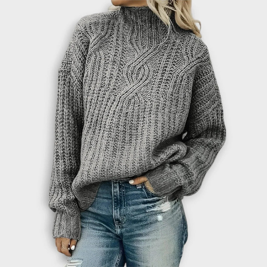 Women's Ribbed High Neck Sweater in Gray, front view