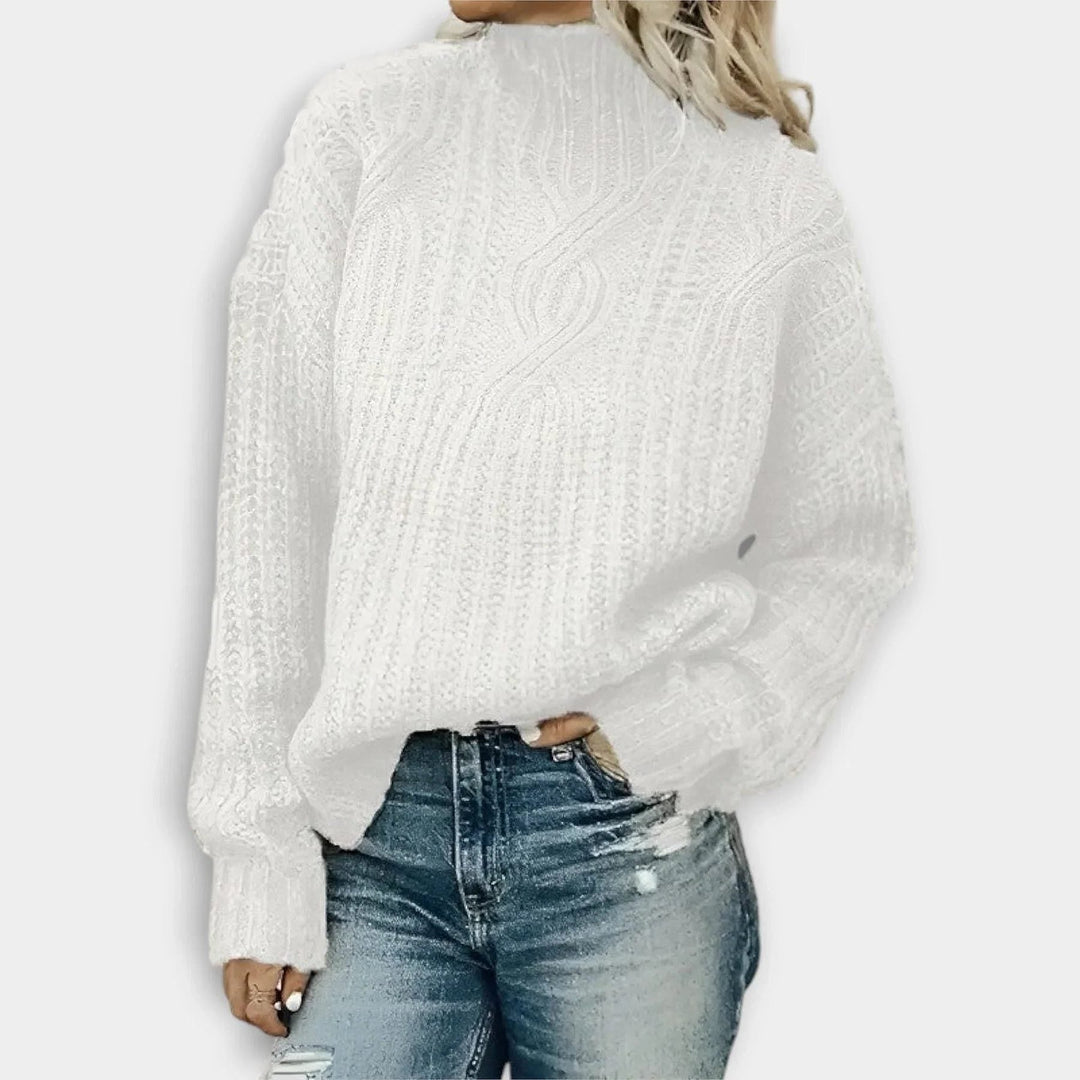 Women's Ribbed High Neck Sweater in White, front view
