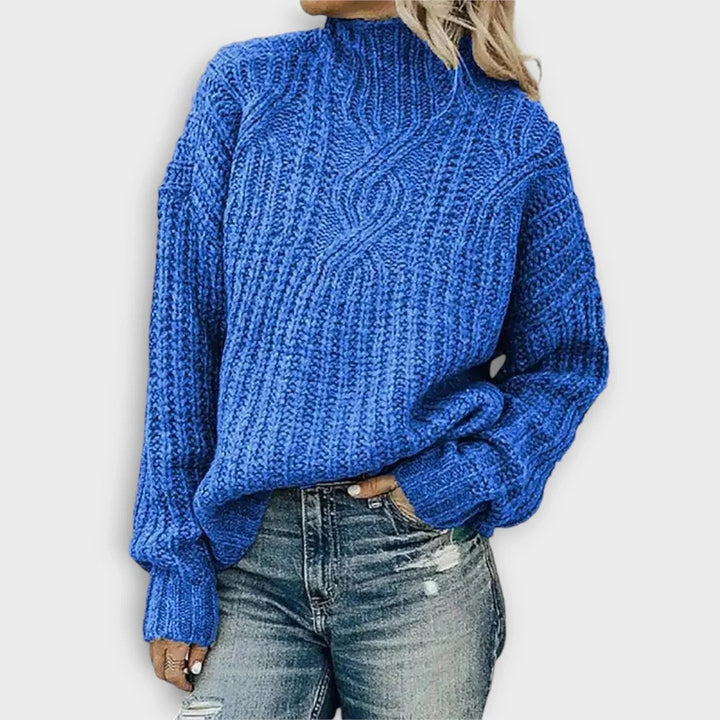 Women's Ribbed High Neck Sweater in Blue, front view