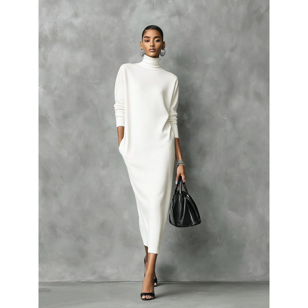 Women's Turtleneck Dress in White, front view