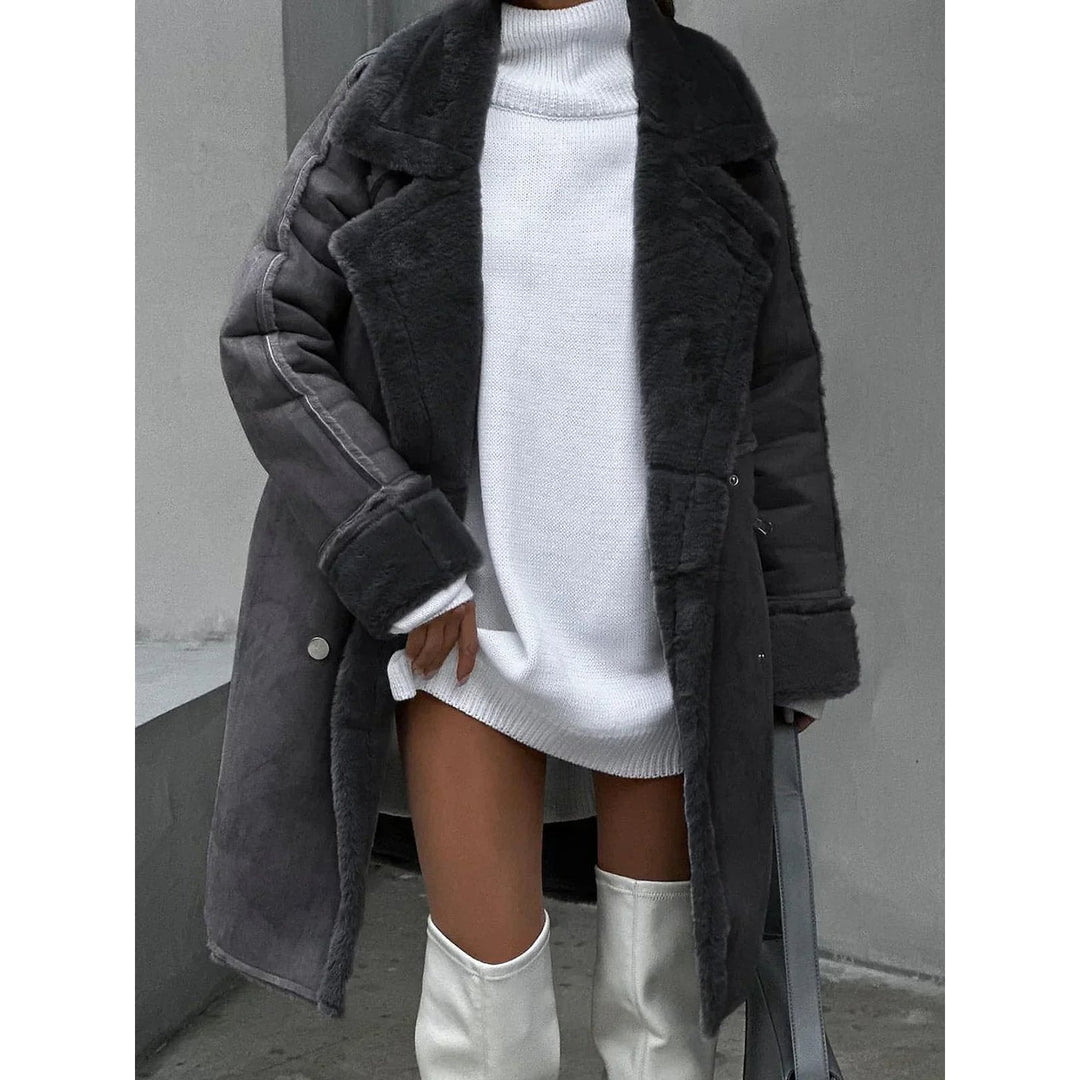 Women's Long Faux Fur Coat in Grey, front view