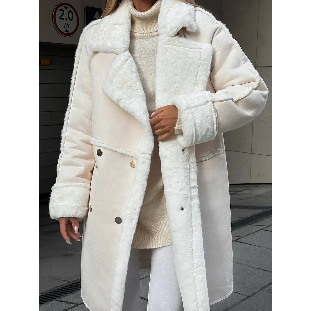 Women's Long Faux Fur Coat in Beige, front view