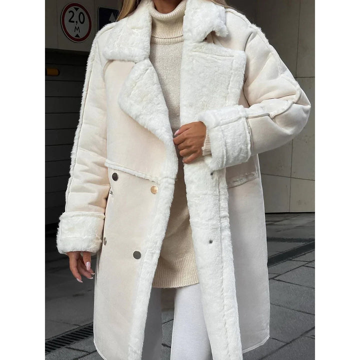 Women's Long Faux Fur Coat in Beige, front view