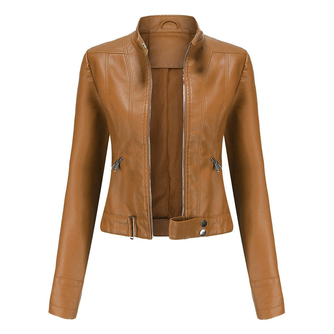 Women's Cropped Faux Leather Jacket in Light Brown, front view