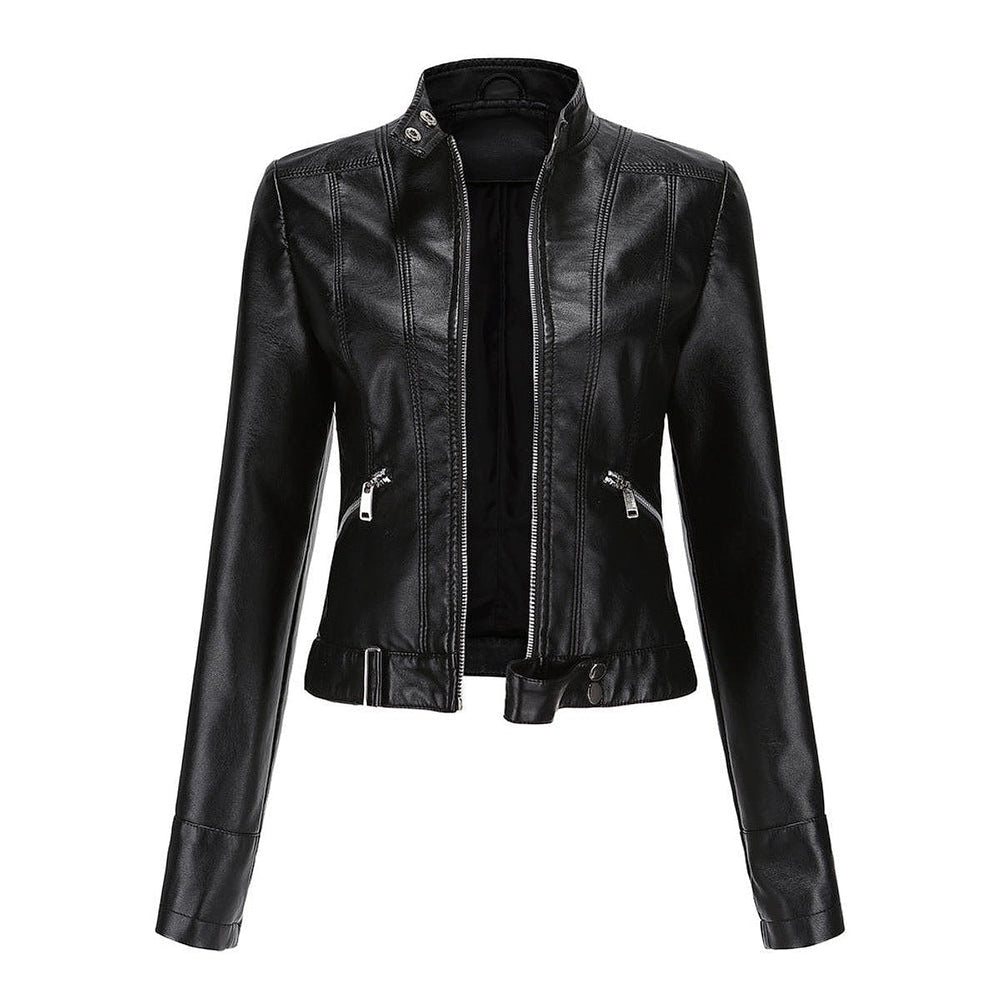 Women's Cropped Faux Leather Jacket in Black, front view