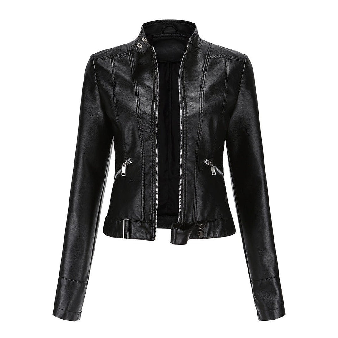 Women's Cropped Faux Leather Jacket in Black, front view