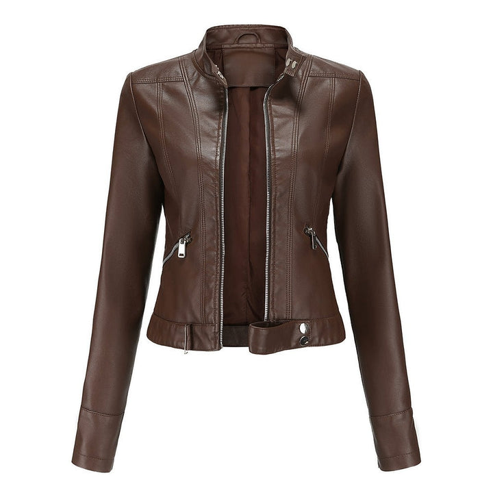 Women's Cropped Faux Leather Jacket in Brown, front view