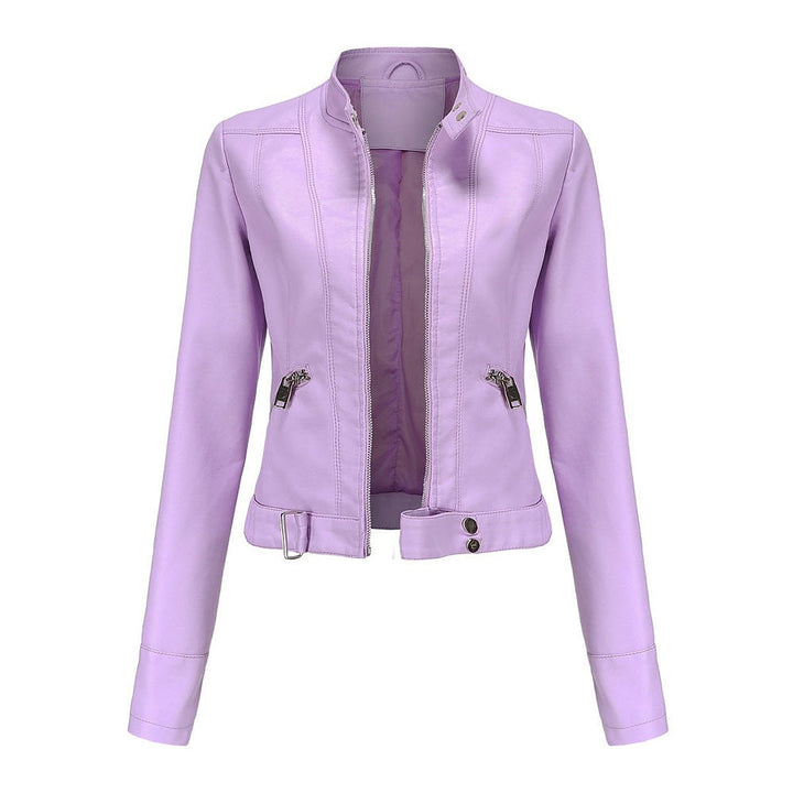 Women's Cropped Faux Leather Jacket in Lilac, front view