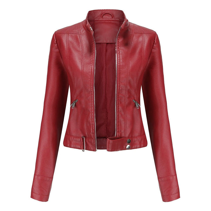 Women's Cropped Faux Leather Jacket in Red, front view