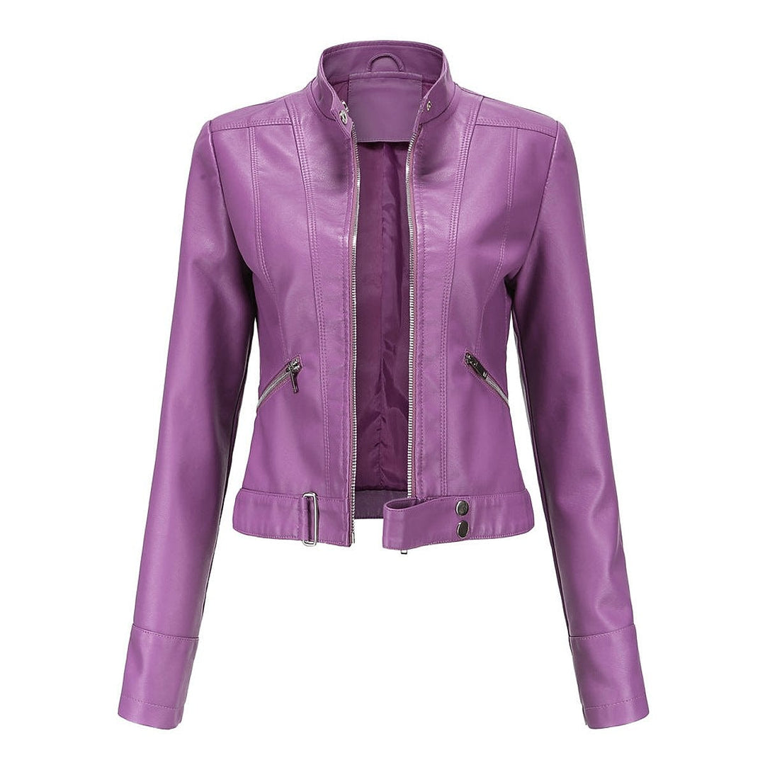 Women's Cropped Faux Leather Jacket in Dark Purple, front view