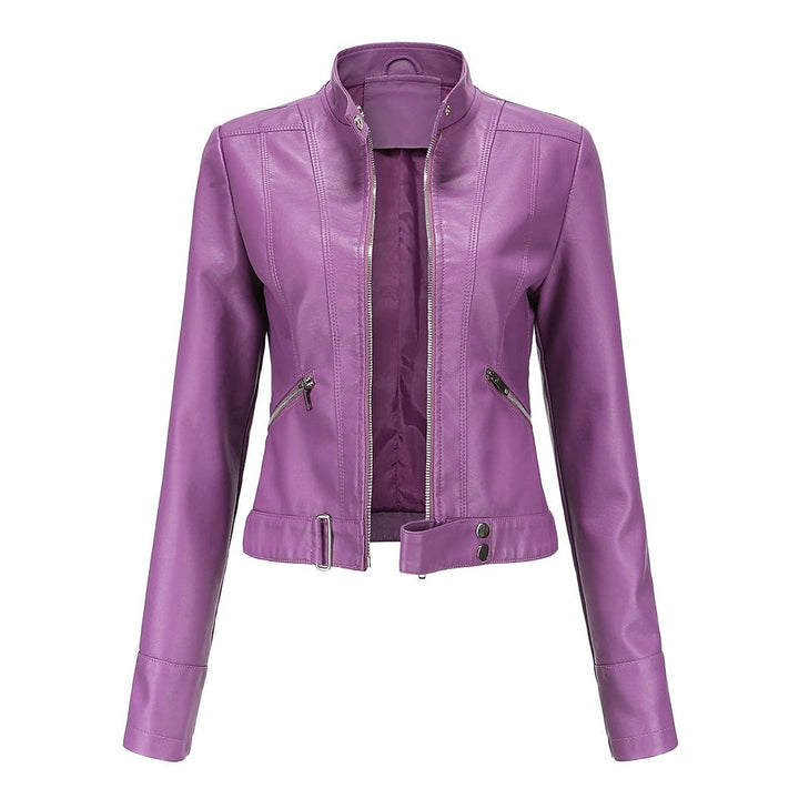 Women's Cropped Faux Leather Jacket in Dark Purple, front view