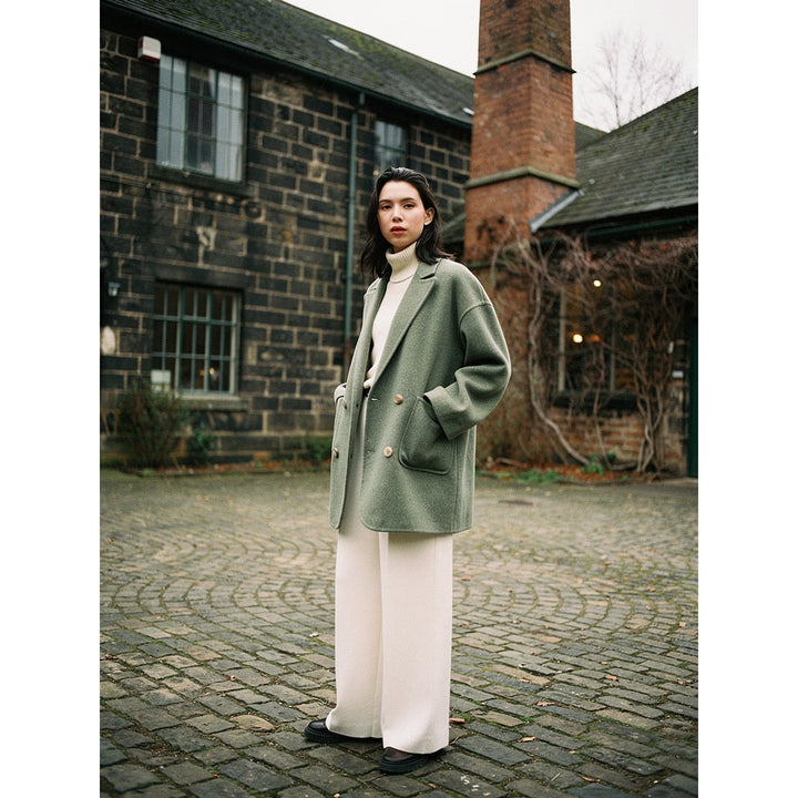Women's Wool Pea Coat in Green, front view