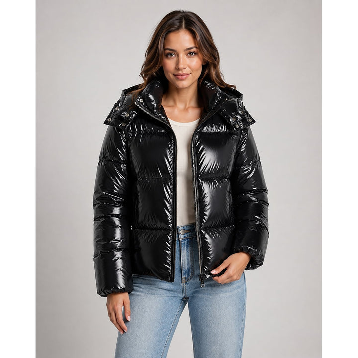 Women's Cropped Hooded Puffer Jacket in Black, front view