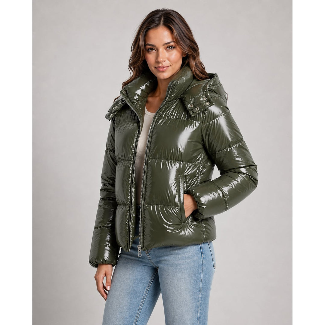 Women's Cropped Hooded Puffer Jacket in Green, front view