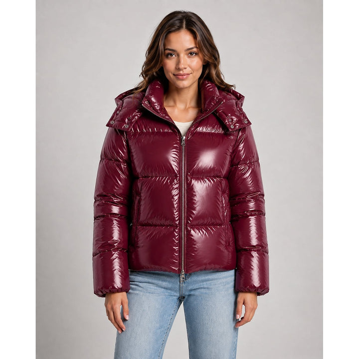 Women's Cropped Hooded Puffer Jacket in Burgundy, front view