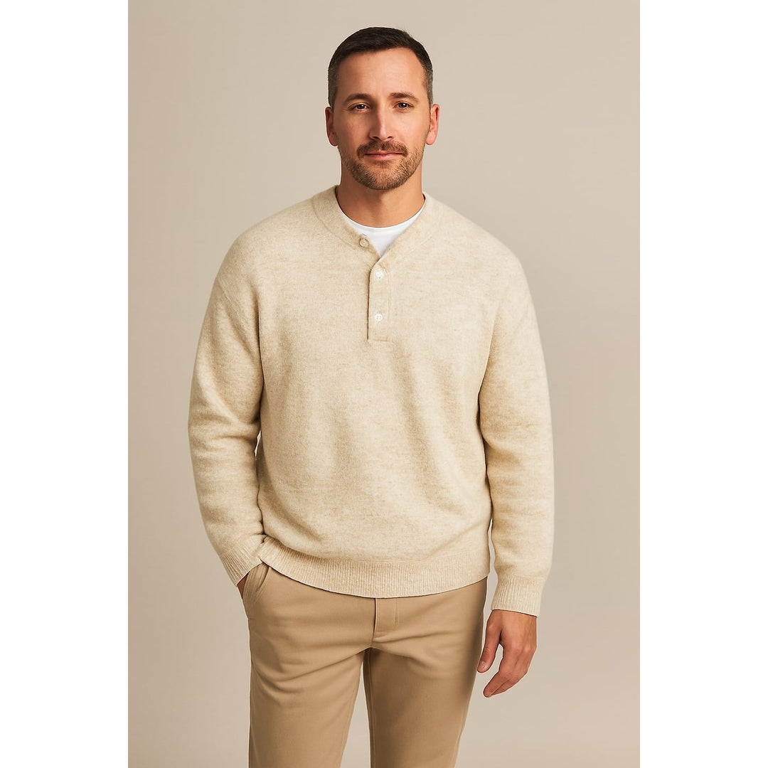 Men's Henley Sweater in Beige, front view
