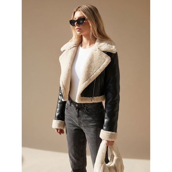 Women's Cropped Faux Leather Teddy Jacket, front view