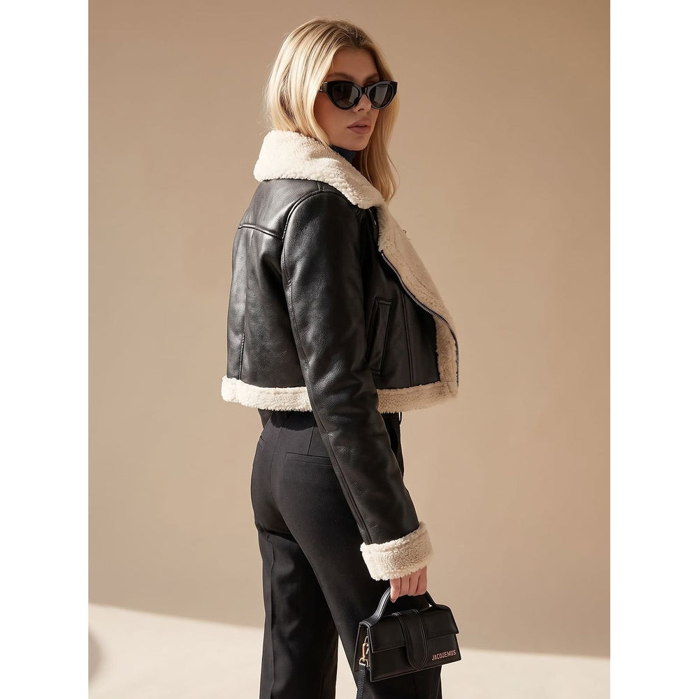 Women's Cropped Faux Leather Teddy Jacket, back view