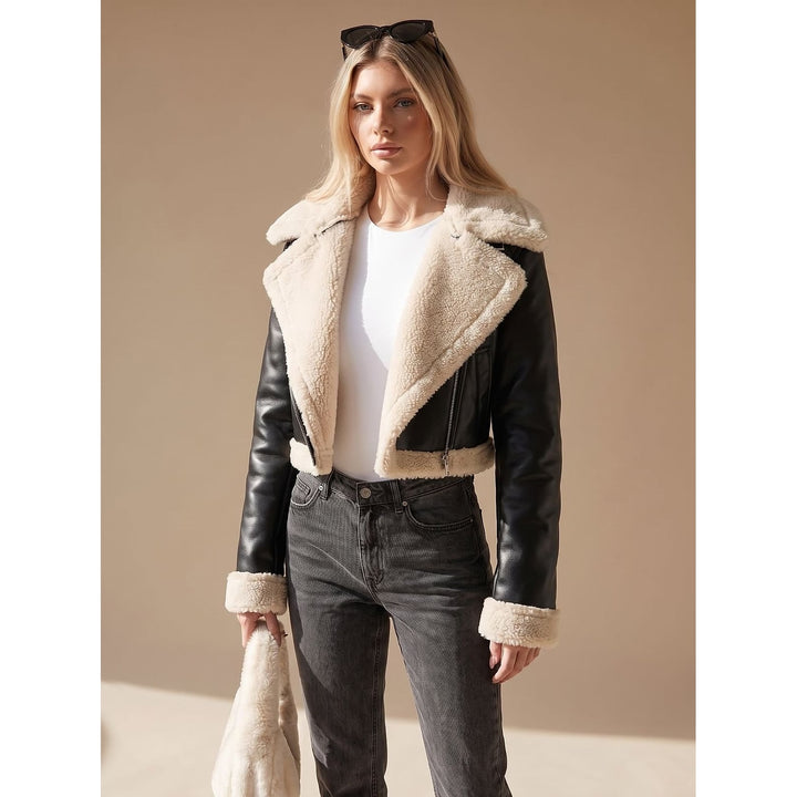 Women's Cropped Faux Leather Teddy Jacket, front view 2