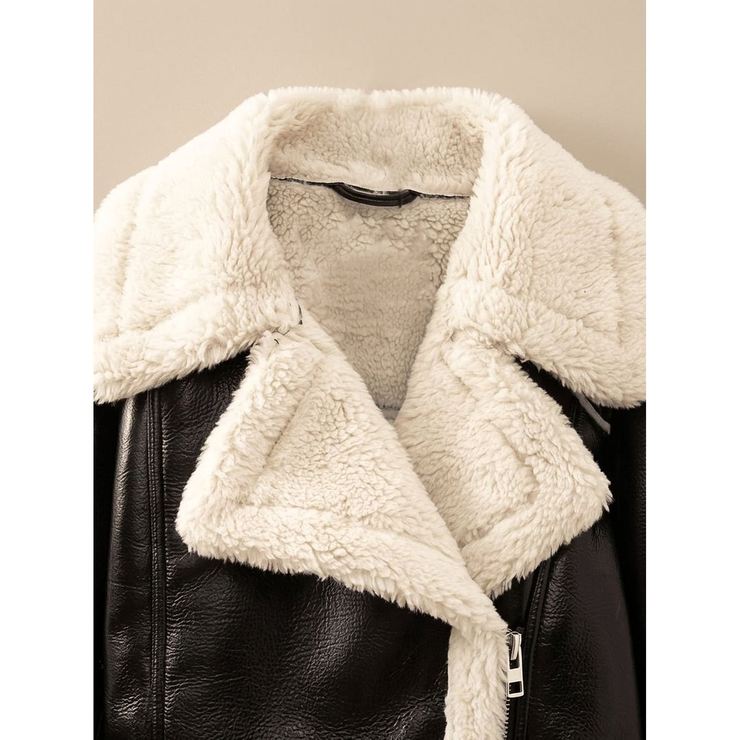 Women's Cropped Faux Leather Teddy Jacket, detail view