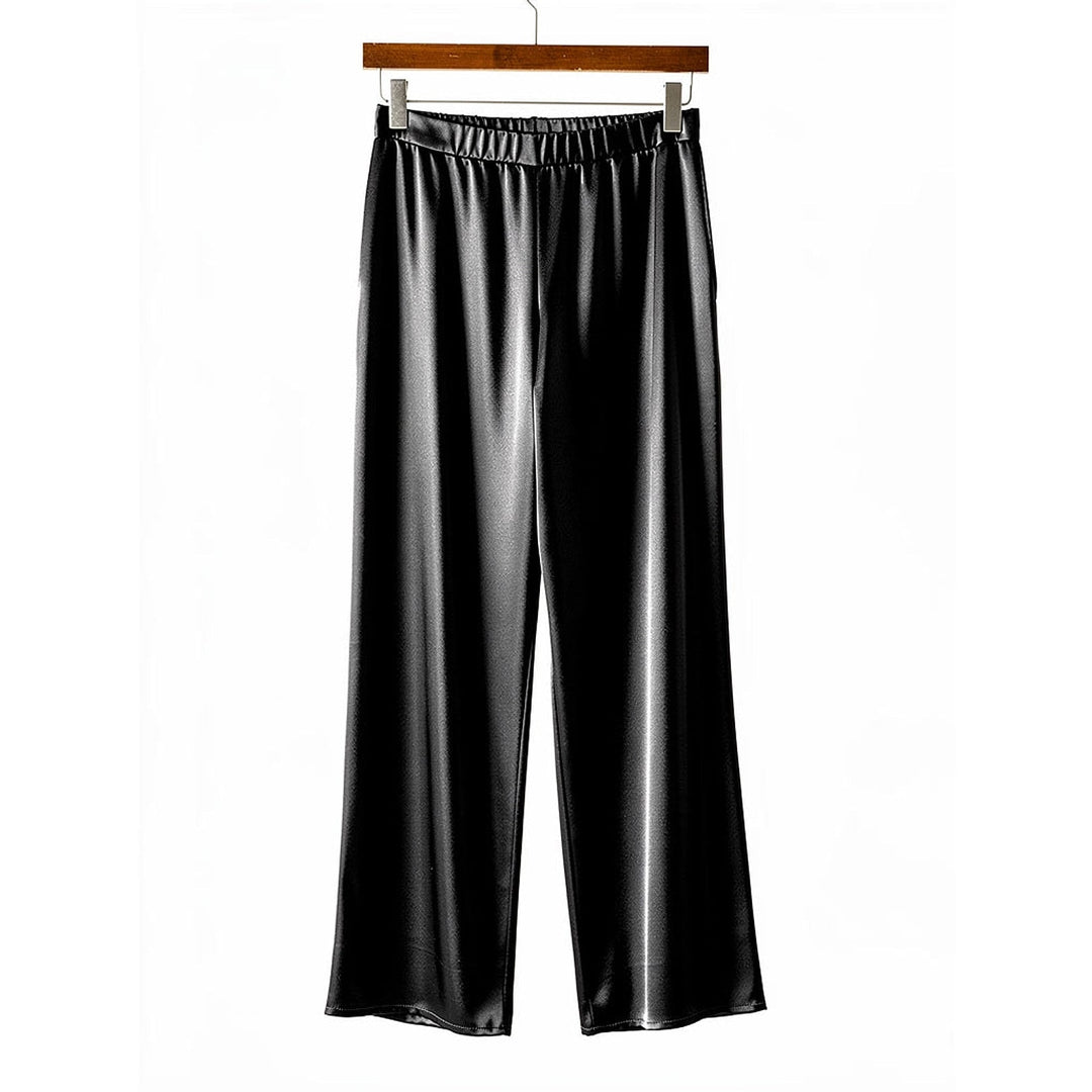 Women's Satin Pants in Black, front view