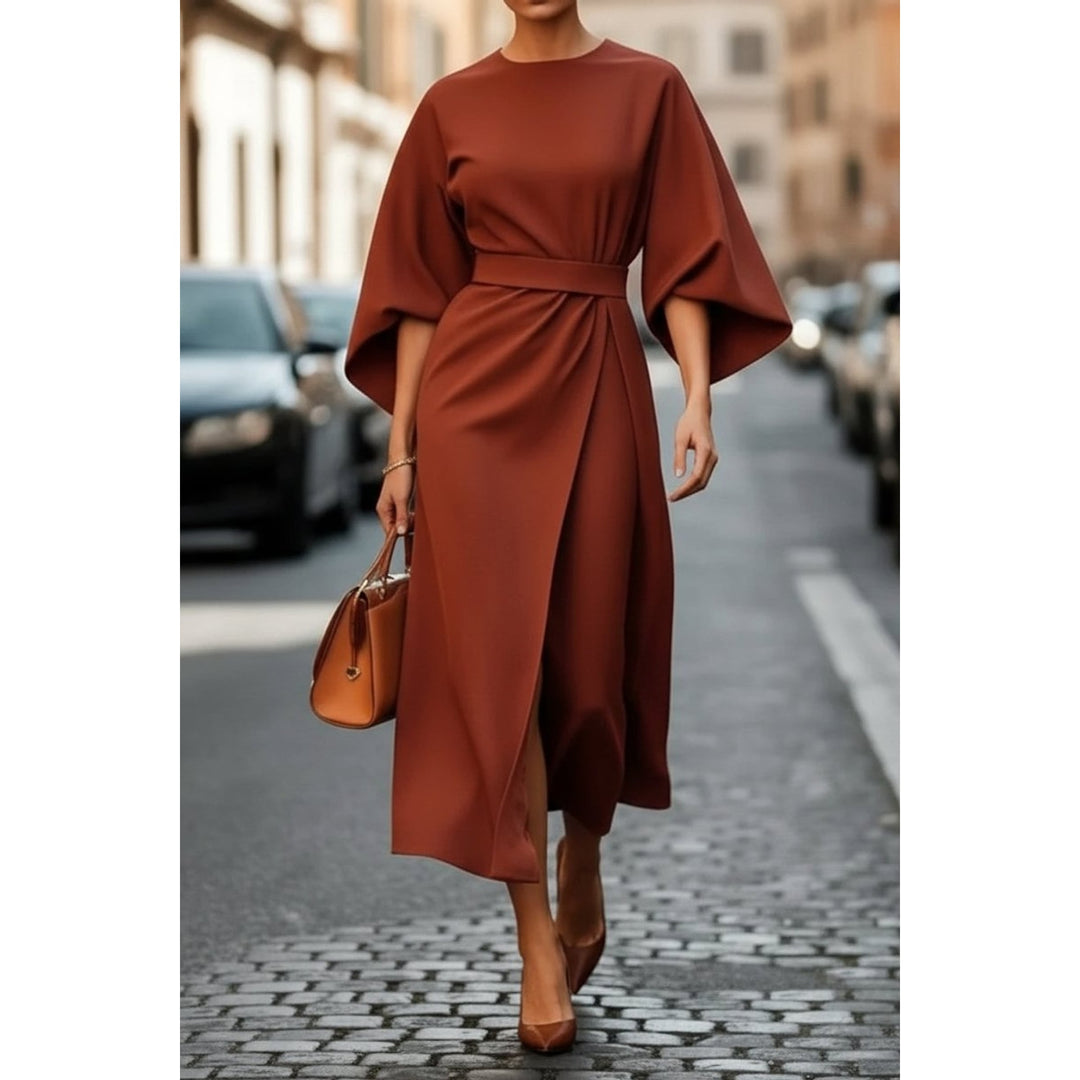 Women's Lantern Sleeve Midi Dress in Rust, front view