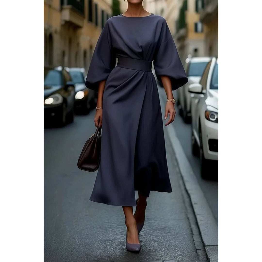 Women's Lantern Sleeve Midi Dress in Navy, front view