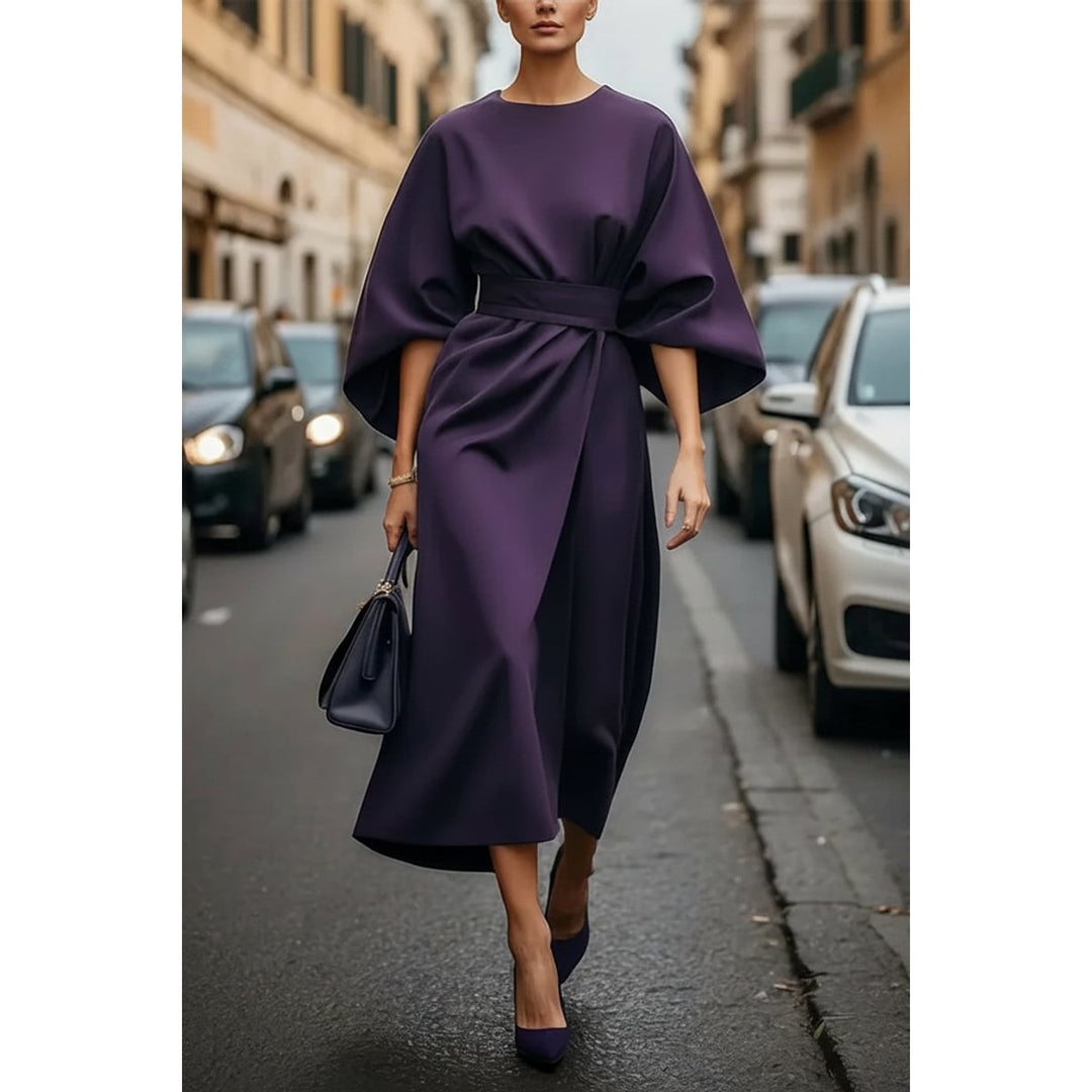 Women's Lantern Sleeve Midi Dress in Purple, front view