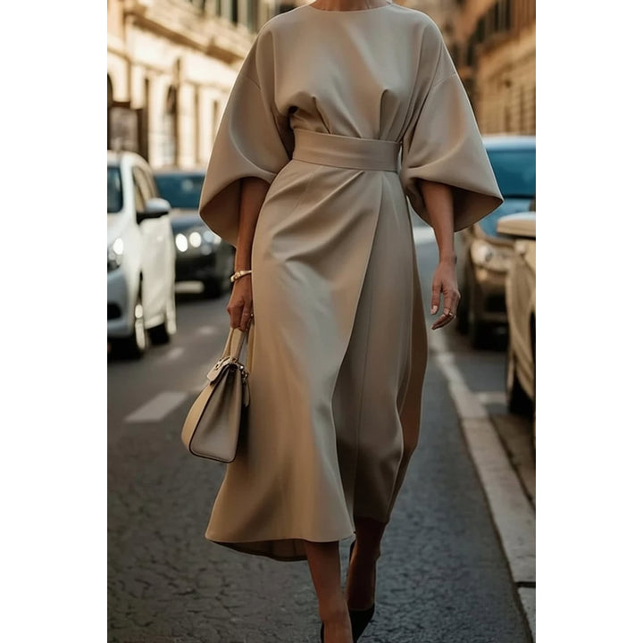 Women's Lantern Sleeve Midi Dress in Beige, front view