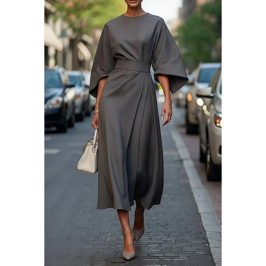 Women's Lantern Sleeve Midi Dress in Gray, front view