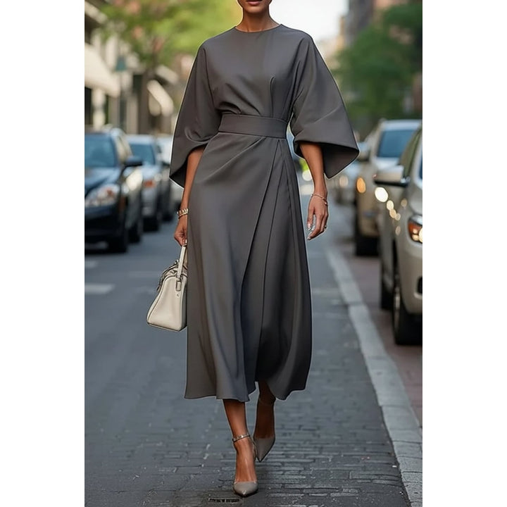 Women's Lantern Sleeve Midi Dress in Gray, front view