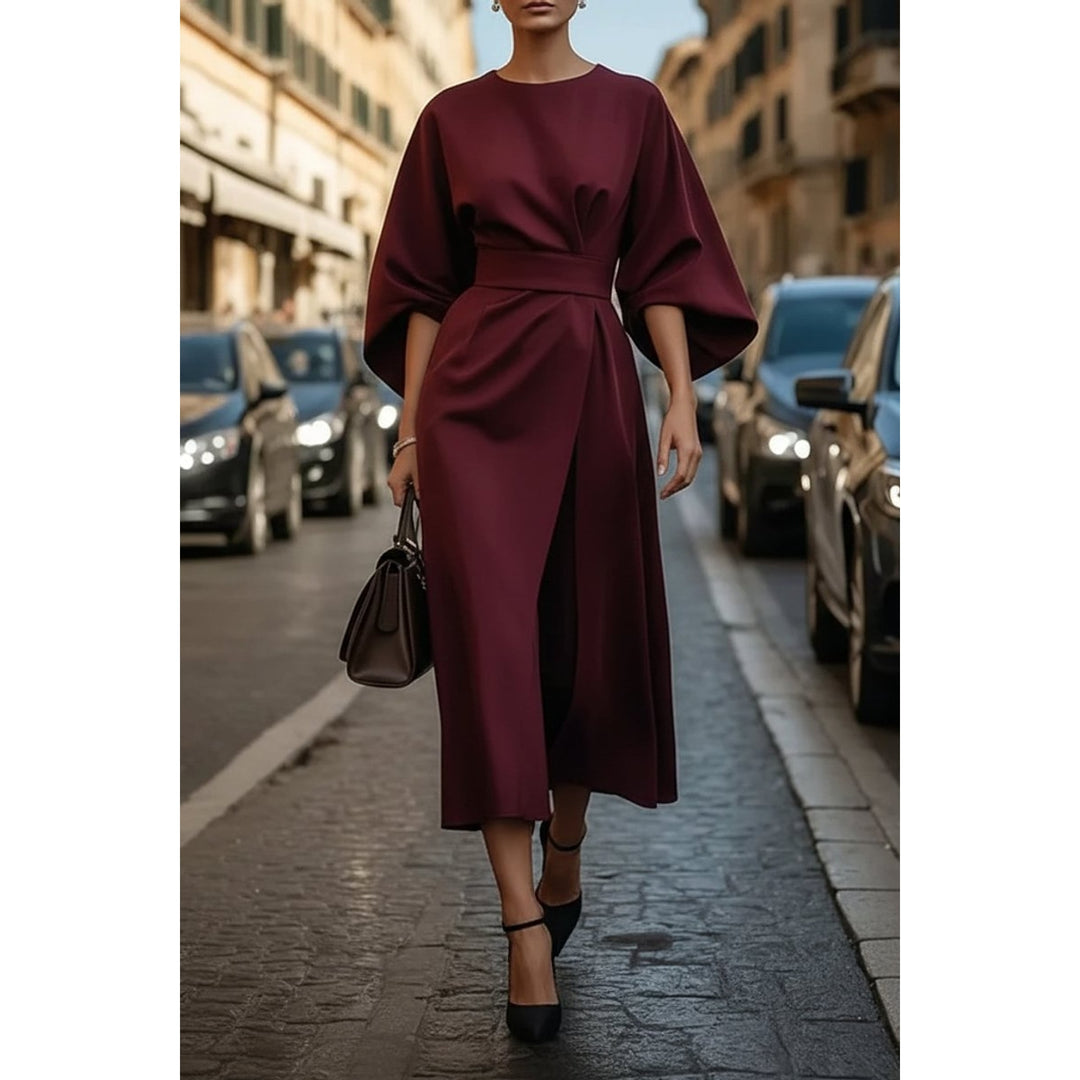 Women's Lantern Sleeve Midi Dress in Burgundy, front view