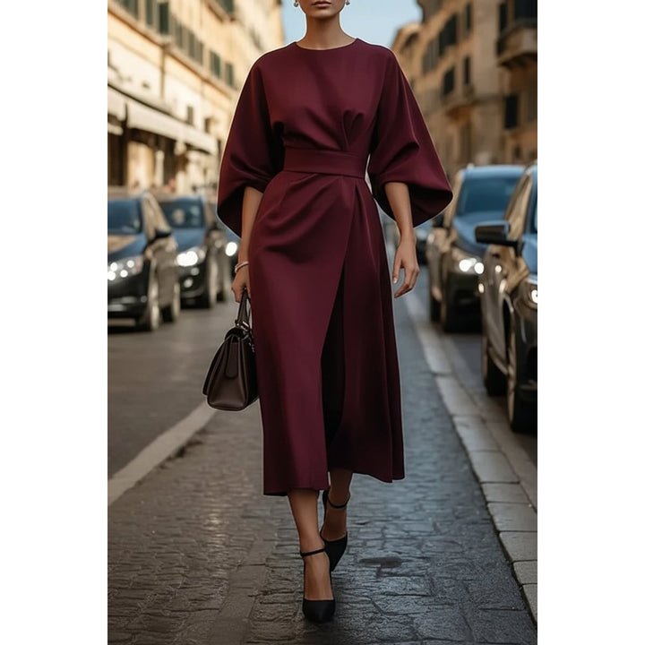 Women's Lantern Sleeve Midi Dress in Burgundy, front view