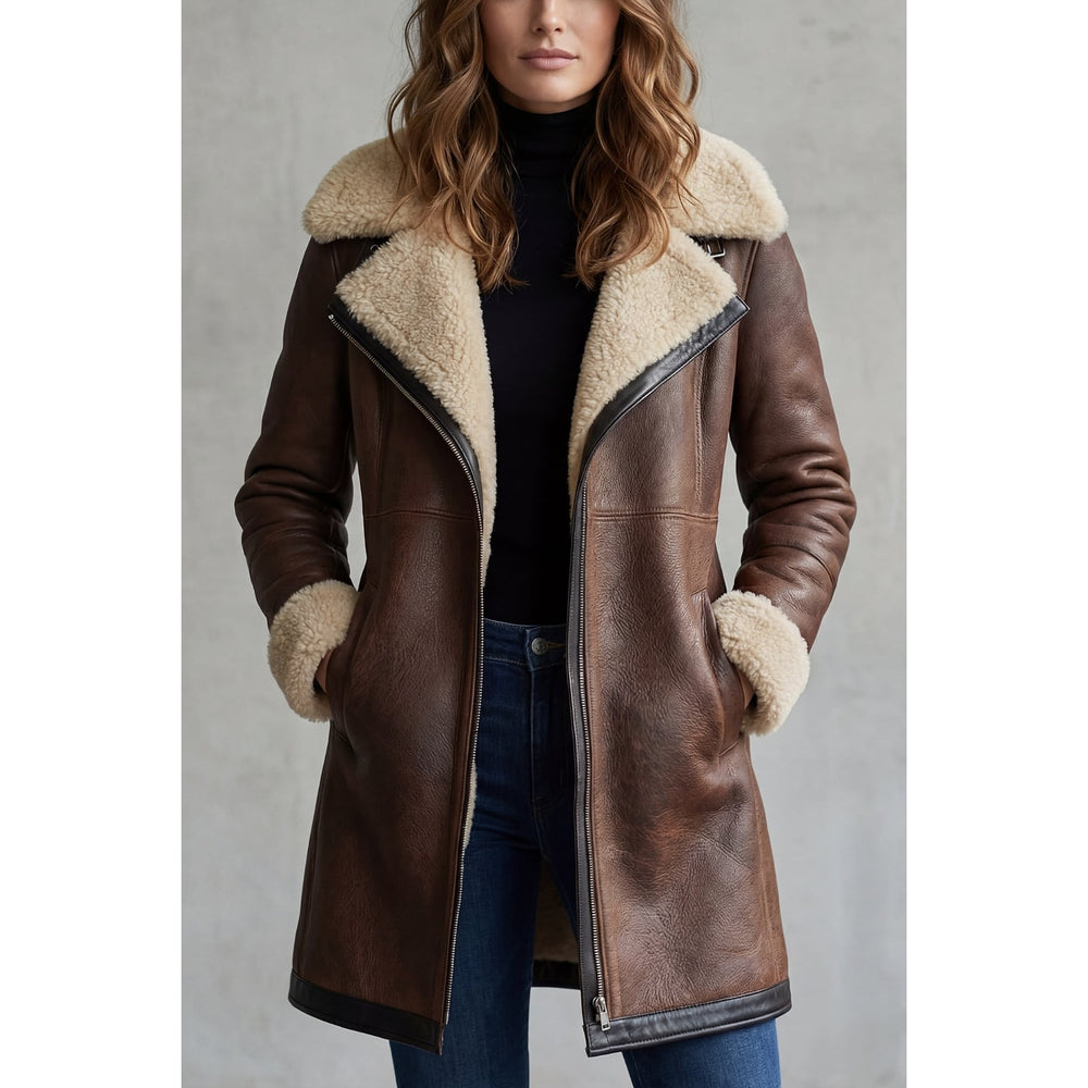 Women's Faux Leather Longline Coat in Dark Brown, front view