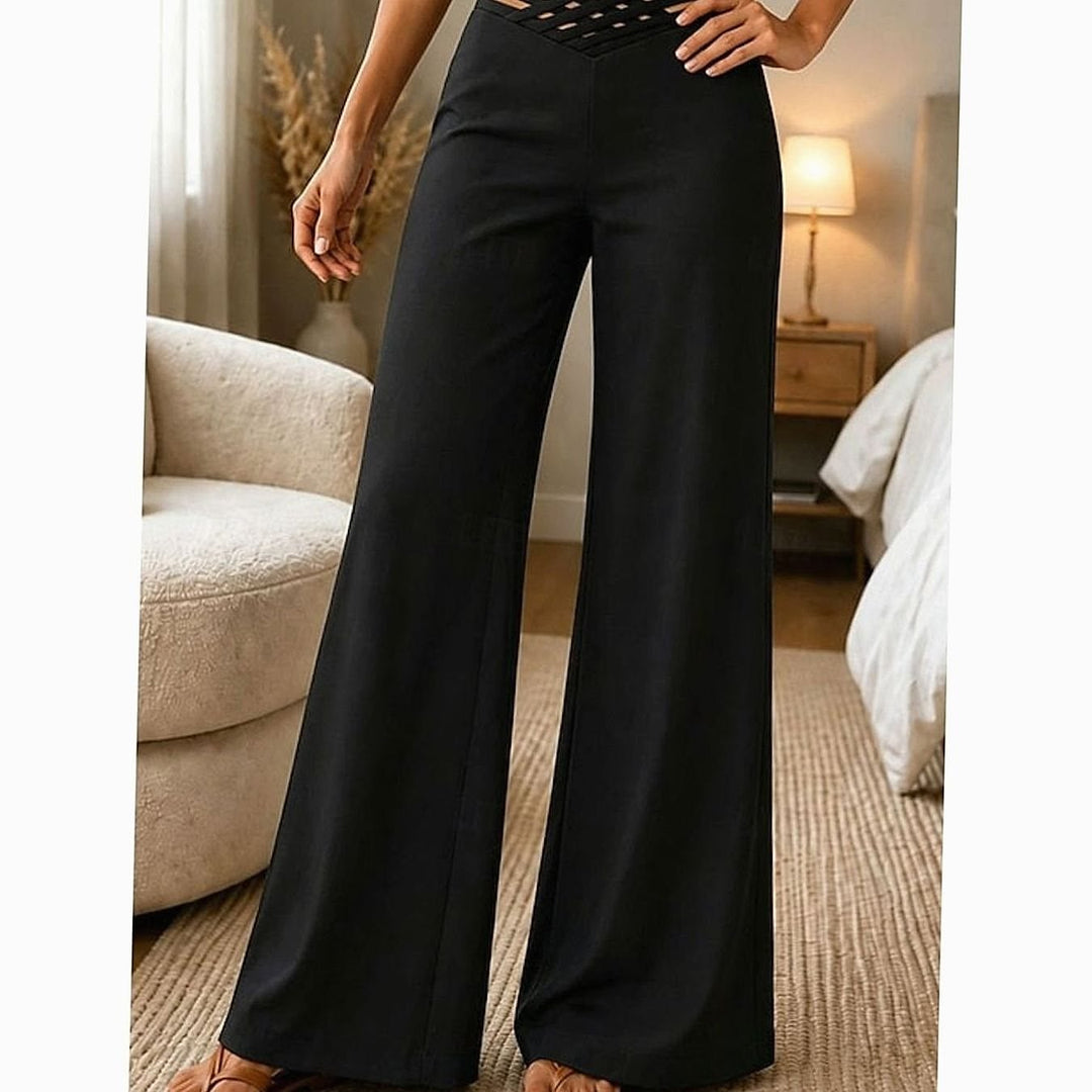 Women's Crossover Waist Wide Leg Pants in Black, front view