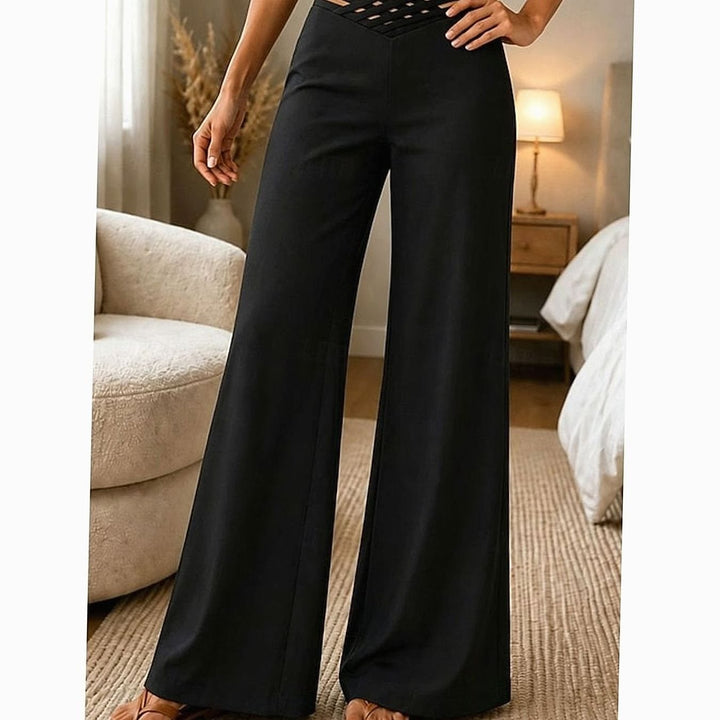Women's Crossover Waist Wide Leg Pants in Black, front view