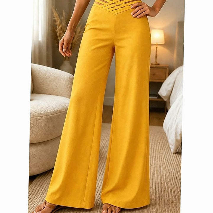 Women's Crossover Waist Wide Leg Pants in Yellow, front view