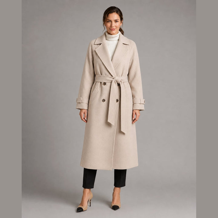 Women's Belted Double Breasted Coat in Beige, front view