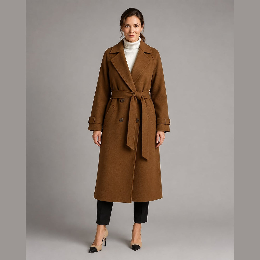 Women's Belted Double Breasted Coat in Brown, front view