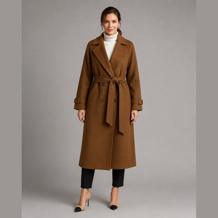 Women's Belted Double Breasted Coat in Brown, front view